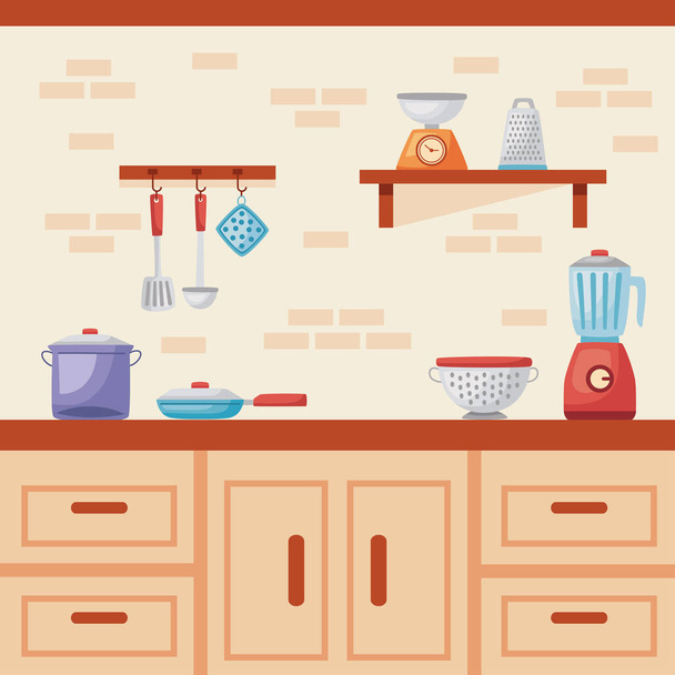 kitchen with utensils home scene - Vector, Image