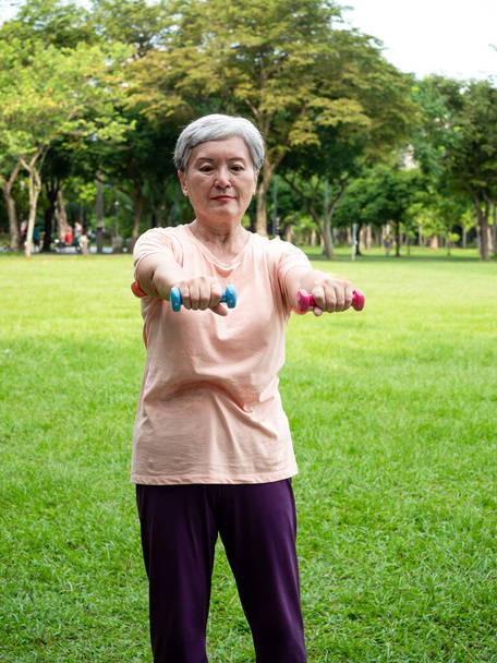 Ritratto di donna asiatica matura anni '60 che indossa abbigliamento sportivo mentre allena il braccio e solleva l'esercizio dei manubri con relax per una sana salute nel parco all'aperto. - Foto, immagini