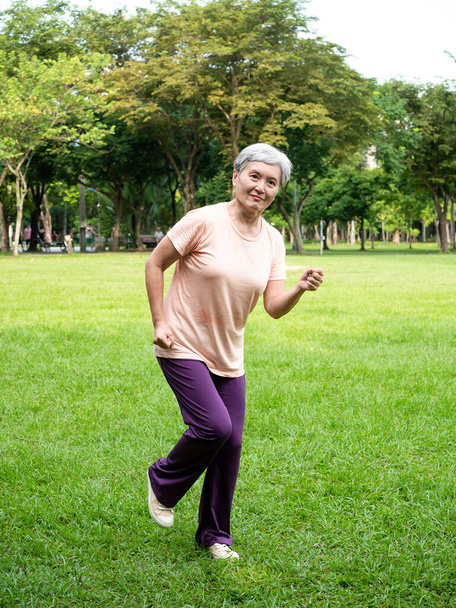 Ritratto di donna asiatica matura anni '60 che indossa abbigliamento sportivo facendo jogging nel parco all'aperto. - Foto, immagini