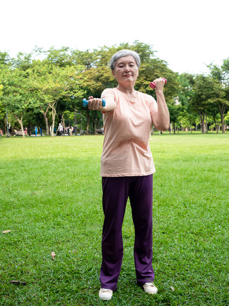 Portret dojrzałej Azjatki 60-letniej w sportowej odzieży ćwiczącej ramię i podnoszącej hantle z relaksem dla zdrowia w parku na świeżym powietrzu. - Zdjęcie, obraz