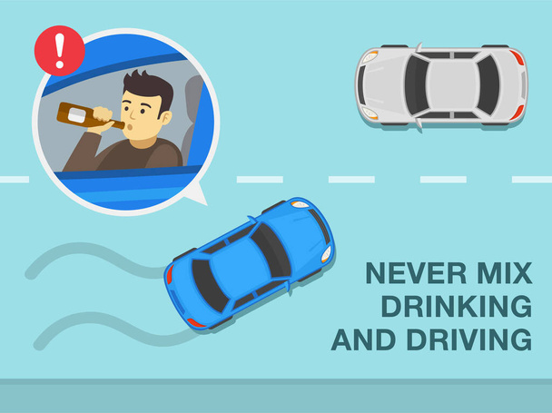 Safe driving tips and traffic regulation rules. Never mix drinking alcohol and driving. Car is about to hit oncoming vehicle. Flat vector illustration template. - Vector, Image