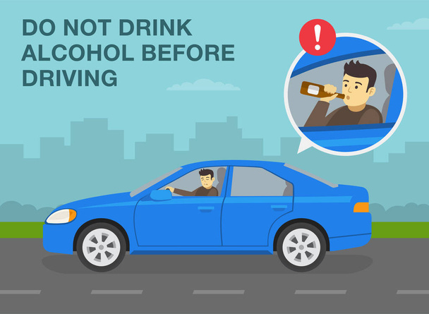 Safe driving tips and traffic regulation rules. Don't drink alcohol before driving. Close-up of male driver holding a bottle of alcohol. Flat vector illustration template. - Vector, Image