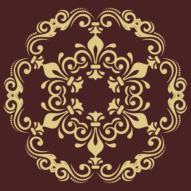 Oriental vector ornament with arabesques and floral elements. Traditional classic round brown and golden ornament. Vintage pattern with arabesques - Vektör, Görsel