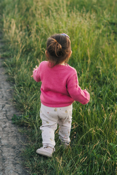 Πίσω όψη ενός μικρού κοριτσιού που περπατάει σε ένα μονοπάτι του χωριού. Ευτυχισμένη οικογένεια, παιδική ηλικία. Παιδική φροντίδα. Γονιός, παιδί μου. Καλοκαιρινή φύση. Μητέρα φύση. Πράσινη φύση. Άνθρωποι - Φωτογραφία, εικόνα