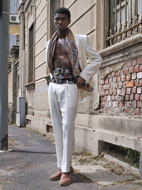 Alton Mason posing for photographers after Etro fashion show during Milano Fashion week spring summer man collections - Foto, imagen