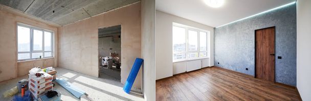 Σύγκριση του παλαιού δωματίου με τα εργαλεία κτιρίου και το νέο ανακαινισμένο δωμάτιο. Φωτογραφία κολάζ του διαμερίσματος πριν και μετά την αποκατάσταση. Έννοια της ανακαίνισης σπιτιού. - Φωτογραφία, εικόνα