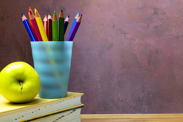 School and office items on a wooden table. - Photo, Image