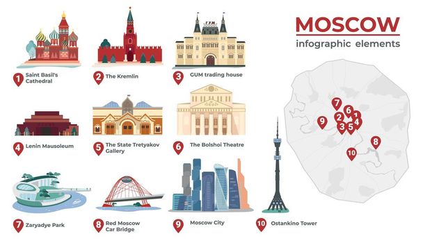 Moskova harita bilgileri düz şehir şeması lokasyonları ve boş arkaplan vektör illüstrasyonundaki simgelerin resimleri - Vektör, Görsel