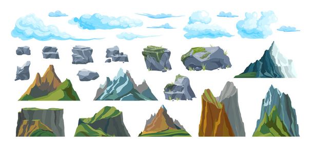 Lapos készlet elszigetelt hegyi felhők és kövek különböző méretű és alakú vektor illusztráció - Vektor, kép
