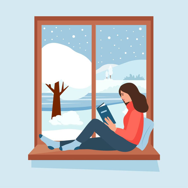 A girl sitting in windowsill and reading a book. Winter season lifestyle. Vector flat style.Vector illustration - Vector, Image