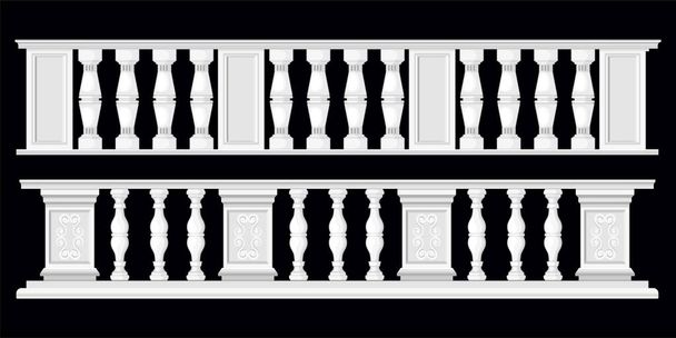 Balaustre vaso colonna set con due viste isolate di recinzione in pietra design classico su sfondo nero illustrazione vettoriale - Vettoriali, immagini