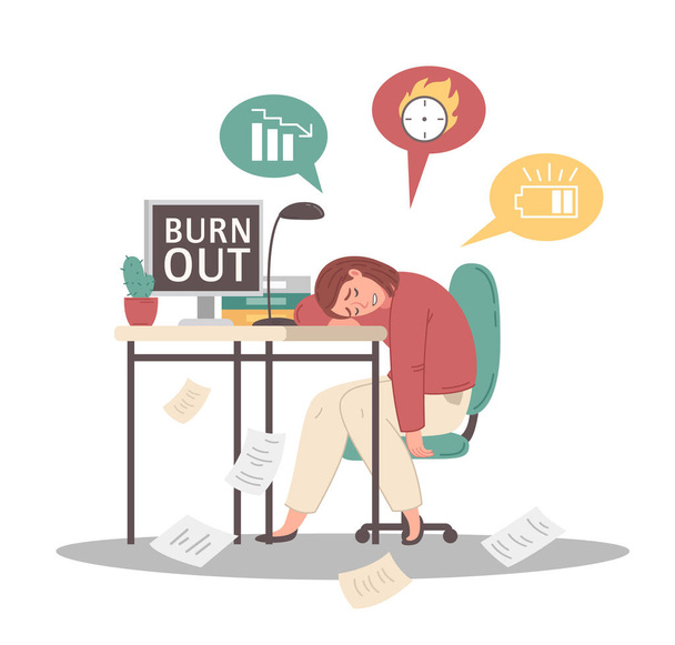 Женщина-работница чувствует профессиональное выгорание, спит на своем рабочем месте, рисунок вектора мультфильма - Вектор,изображение