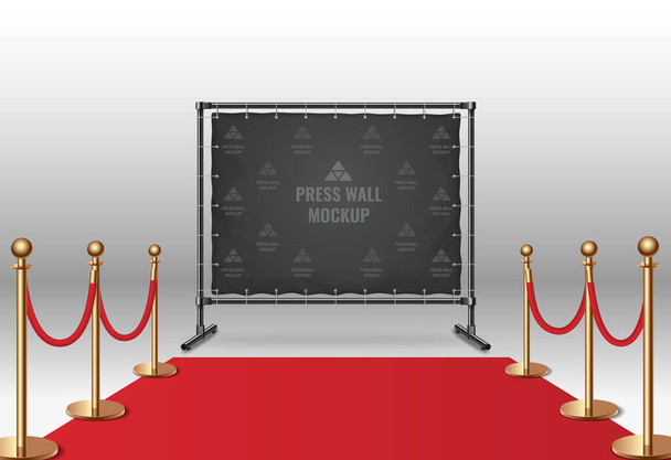 Modèle réaliste de mur de presse noir près de tapis rouge avec illustration vectorielle piliers dorés - Vecteur, image