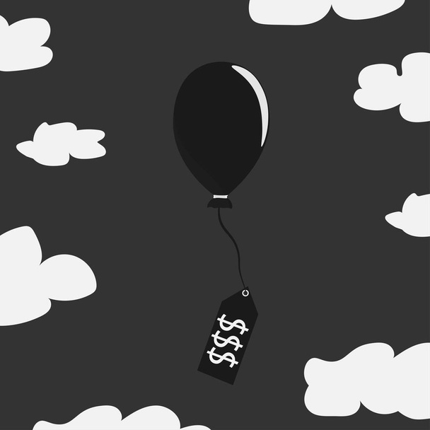 Inflatie waardoor de prijs stijgt, overgewaardeerde aandelen of fondsen, koopkrachtverminderend concept voor de consument, luchtballon gekoppeld aan productprijskaartje dat hoog opstijgt in de lucht. - Vector, afbeelding