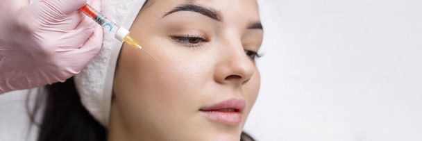 Cosmetologist faz injeções rejuvenescedoras anti rugas no rosto de uma mulher bonita. Cosmetologia estética feminina em um salão de beleza - Foto, Imagem