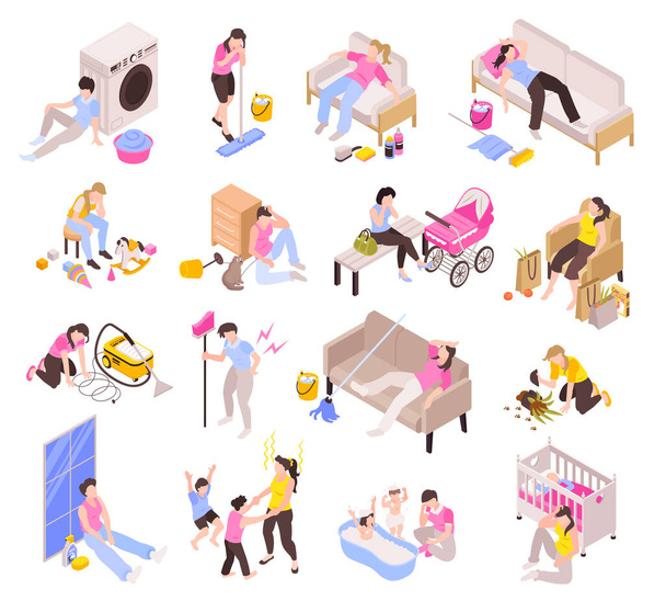 Iconos isométricos establecidos en las mujeres cansadas de las tareas domésticas ilustración vectorial aislado - Vector, imagen