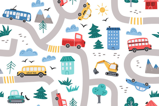 Stadswegpatroon. Kids stadsprint met schattige kleine auto 's, stadsvervoer naadloze vector achtergrond illustratie van het vervoer auto - Vector, afbeelding