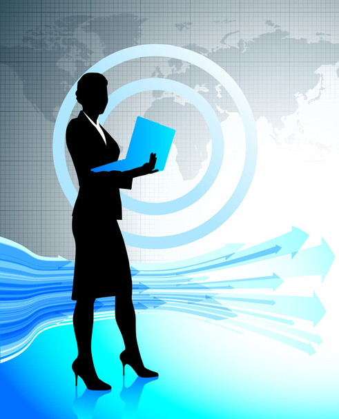 Business woman with laptop on world map - Vector, Image