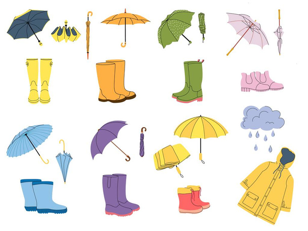 Acessórios para tempo chuvoso. Botas de chuva, capa de chuva e guarda-chuva. Calçado de borracha, dobrado e vetor de guarda-sol aberto Conjunto de ilustração de guarda-chuva e capa de chuva, acessório chuvoso - Vetor, Imagem