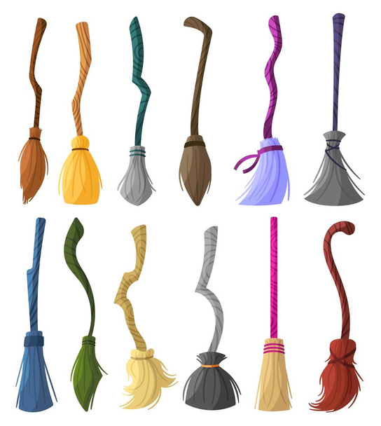 Witch brooms. Magic halloween broomstick, wizard broom and old wooden clean tool for housework cartoon vector set of magic broom illustration - Vektor, Bild