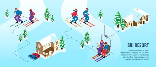 Infografías de estaciones de esquí isométricas con gente haciendo ilustración de vectores de deportes de invierno - Vector, Imagen