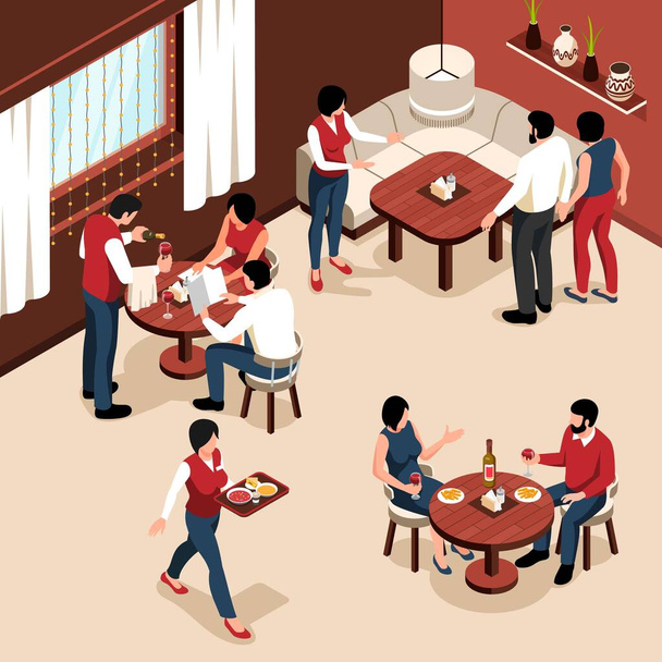 Concepto de restaurante isométrico con visitantes y camareros en interiores cómodos ilustración vectorial - Vector, imagen