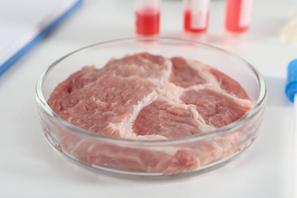 Petri dish with piece of raw cultured meat on white table in laboratory, closeup - Foto, Bild
