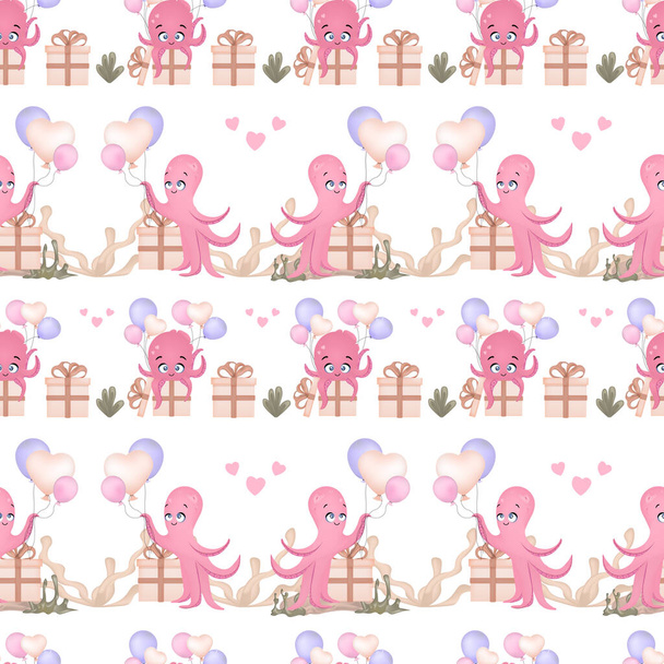 Vector illustration of a pink octopus. Seamless pattern for babies. Sea squid illustration for children's room. Cute cartoon octopus pattern. Summer marina background - Vector, Image