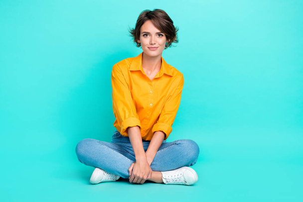 Full size length photo of positive satisfied lady sit good mood free time isolated on cyan color background. - Φωτογραφία, εικόνα