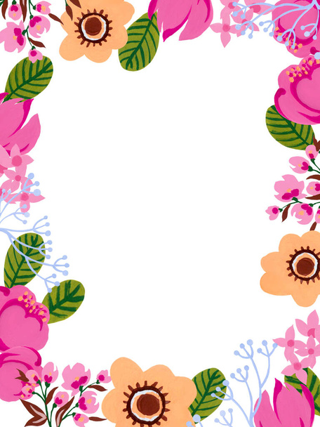 Akvarell gouache rózsaszín őszibarack szín virág és zöld levelek folisge kék design menyasszonyi party keret csokor határ meghívó illusztráció kézi festés - Fotó, kép