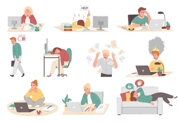 Cartoon set of people at their work places suffering from professional burnout fatigue frustration isolated vector illustration - Vetor, Imagem
