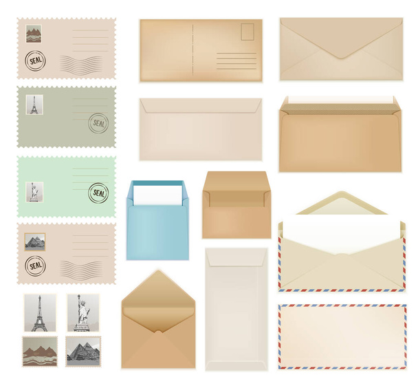 Envelopes and stamps set with realistic isolated front view images of modern and vintage postage letters vector illustration - Vektor, obrázek