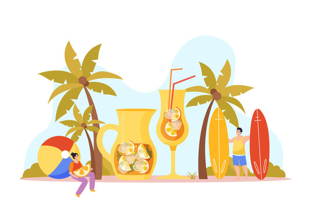 Relax en chill flat design concept met palmbomen bril met cocktail of sap en sport mensen vector illustratie - Vector, afbeelding
