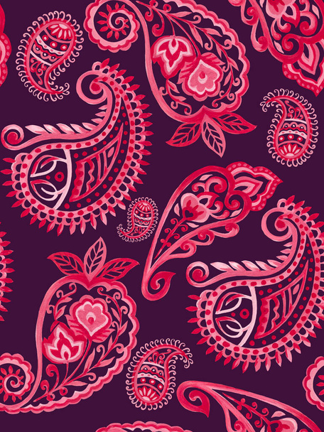 Set of paisley eastern outline mandala folk henna tattoo pink  textile texture fabric paper print seamless pattern by hand painting - Photo, Image
