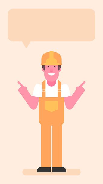 Builder pointing fingers to side. Flat people. Vector illustration - Vector, Image