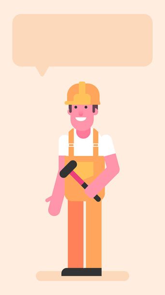 Builder three quarters face holding small hammer. Flat people. Vector illustration - Vector, Image