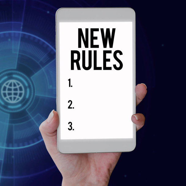 Текст, показывающий вдохновение Новые правила, бизнес-идея Состояние изменения комплексной политики для лучшего обновления - Фото, изображение