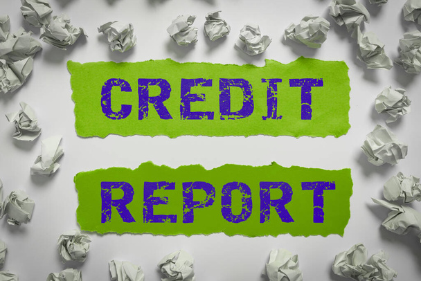 Schreiben von Textdarstellungen Credit Report, Word Written on Borrowing Rap Sheet Bill and Dues Payment Score Debt History - Foto, Bild