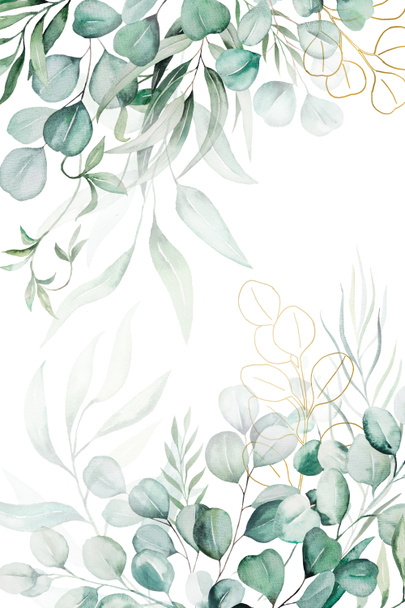 Contexto bordas feitas de folhas de eucalipto aquarela verde, ilustração isolada, espaço de cópia. Elemento botânico para artigos de papelaria de casamento romântico, cartões de felicitações, impressão e artesanato - Foto, Imagem