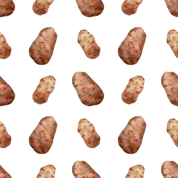 Бесшовный картофельный узор. Акварель фон с коричневым корнем овоща, для текстиля, кухонный декор, обои - Фото, изображение