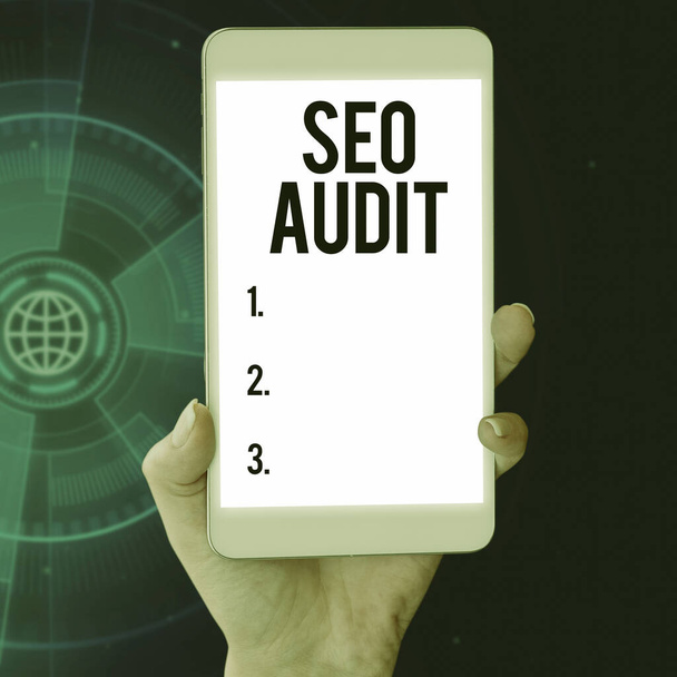 Текстовий знак, що показує Seo Audit, Internet Concept Search Engine Optimization перевірка і перевірка процесу - Фото, зображення