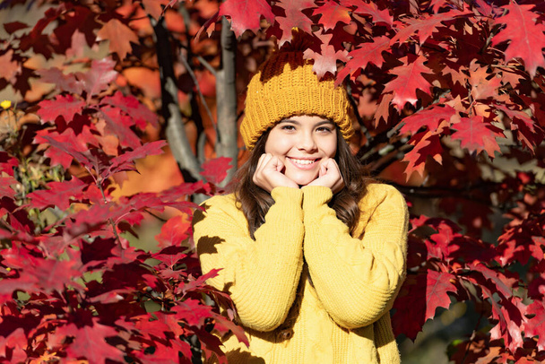Menina adolescente no outono outono folhas fundo. retrato de criança feliz em chapéu em folhas de outono em fundo natural. - Foto, Imagem