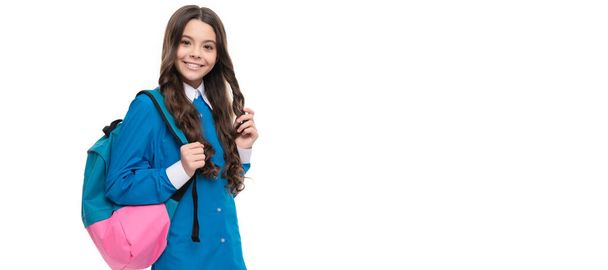 back to school. knowledge day. concept of education. kid with long hair isolated on white. Banner of schoolgirl student. School child pupil portrait with copy space - Фото, изображение