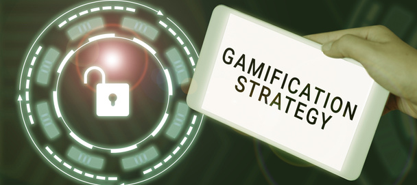 Legenda conceitual Estratégia de Gamificação, ideia de negócio use recompensas para motivação Integre a Mecânica de Jogos - Foto, Imagem