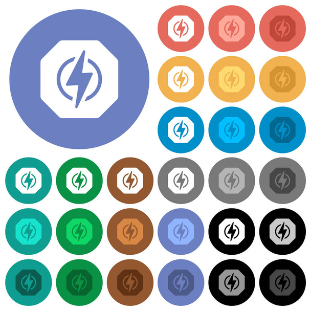 Octágono en forma de señal de sanción de energía eléctrica sólida iconos planos multicolores sobre fondos redondos. Incluye variaciones de iconos blancos, claros y oscuros para efectos de flotación y estado activo, y tonos de bonificación. - Vector, imagen