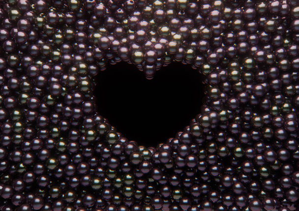 黒い光沢のある真珠の配列に囲まれたハート型の空隙が固体背景を形成するために広がっています- 3Dレンダリング - 写真・画像