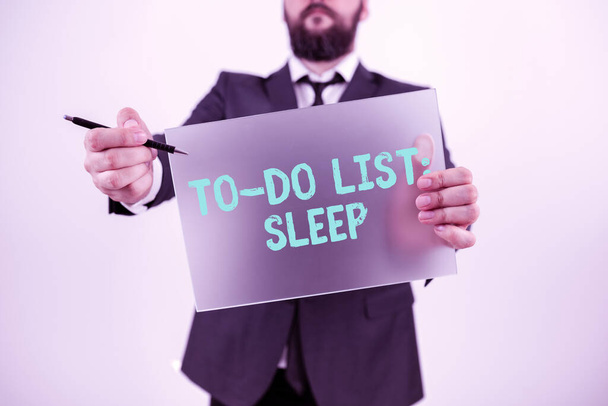 Schreiben von Textanzeigen To Do List SleepThings to do Prioritätsobjekt ist, sich auszuruhen, Word Written on Things to do Prioritätsobjekt ist, sich auszuruhen - Foto, Bild
