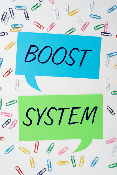 Handschrift tekst Boost System, Business idee Verjongen Upgrade Versterken Be Healthier Holistische aanpak - Foto, afbeelding