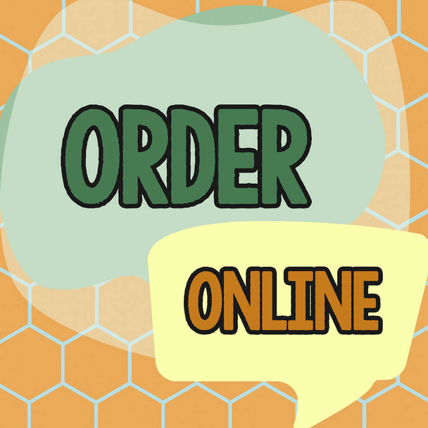 Legenda do texto apresentando Order Online, Business idea Comprando bens e serviços dos vendedores através da internet - Foto, Imagem