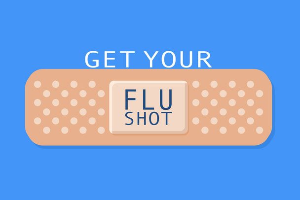Lassen Sie sich Ihren Grippeimpfstoff auf ein Pflaster oder Mullkissen schreiben. Sensibilisierungskonzept für die Grippesaison. Flache Illustration. Isoliert. - Vektor, Bild